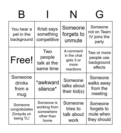 Team IV Bingo! Bingo Card