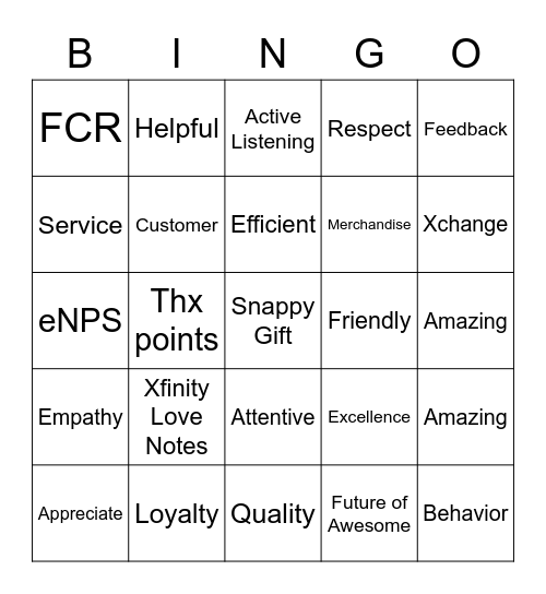 XM Customer Service Week Bingo Card