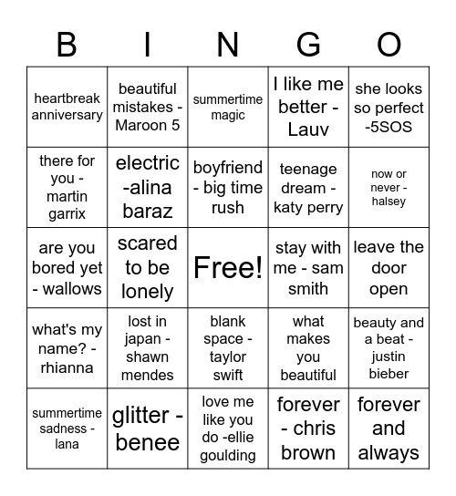 music bingo Card