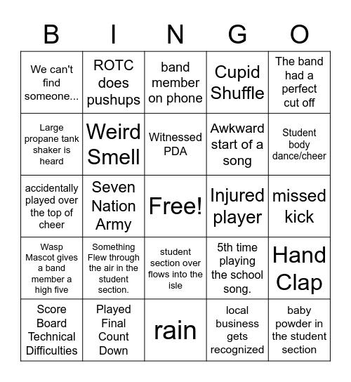 Wasatch Pep Band Bingo Card