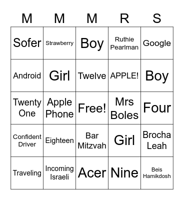 Greenberg Family Bingo Card