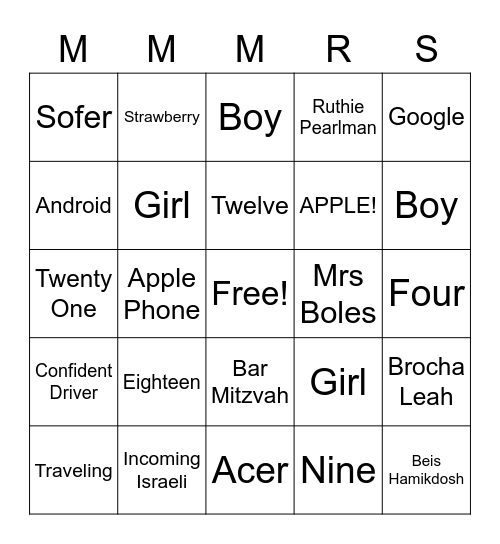 Greenberg Family Bingo Card