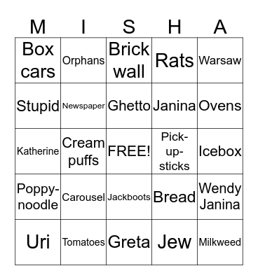 Milkweed Comprehension Bingo Card