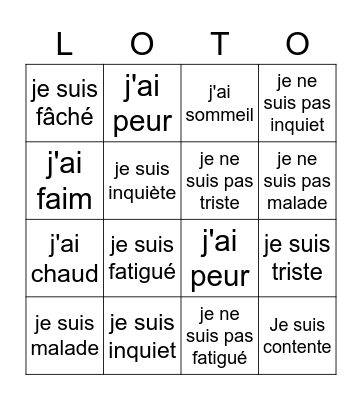 Les emotions et sentiments Bingo Card