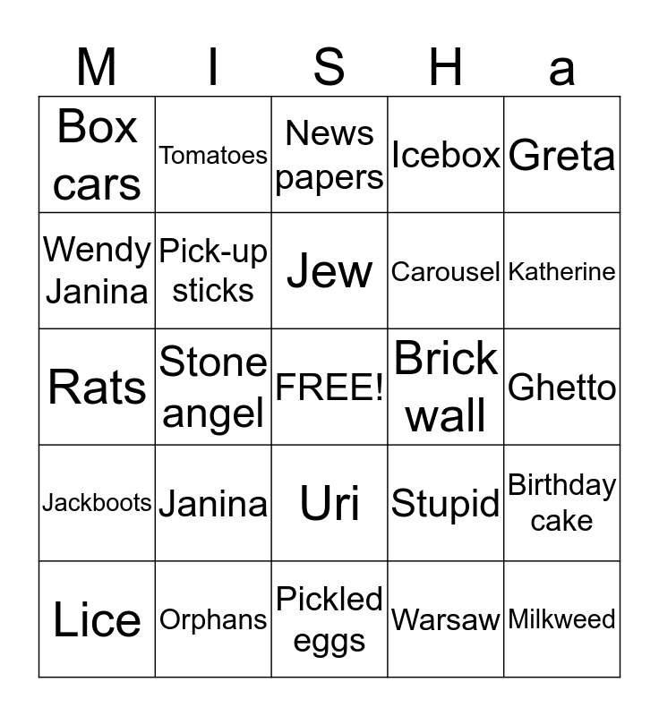 Milkweed Comrehension Bingo Card