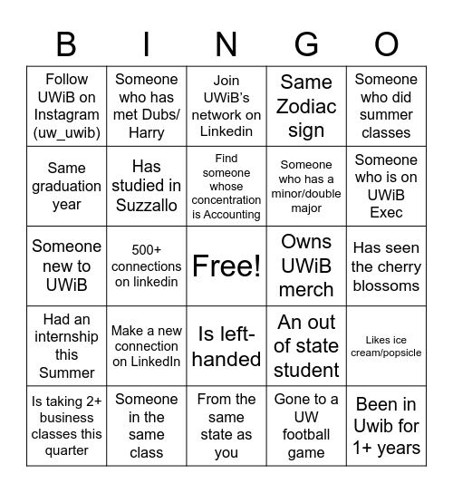 UWiB Kickoff!! Bingo Card