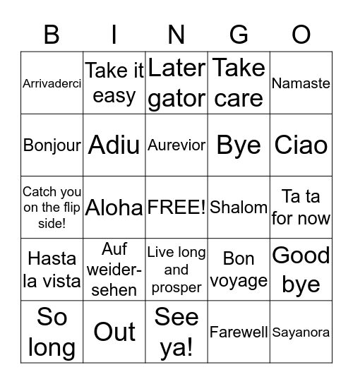 Goodbye Bingo Card