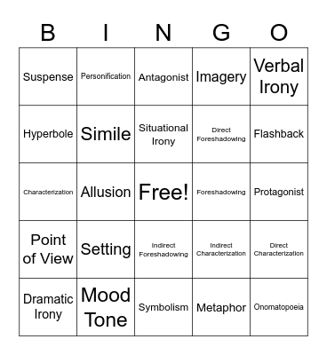 Narrative Unit Bingo Card