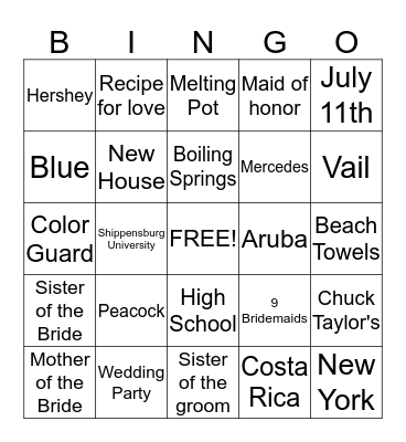 Recipe For Love Bingo Card