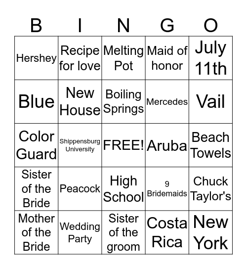 Recipe For Love Bingo Card