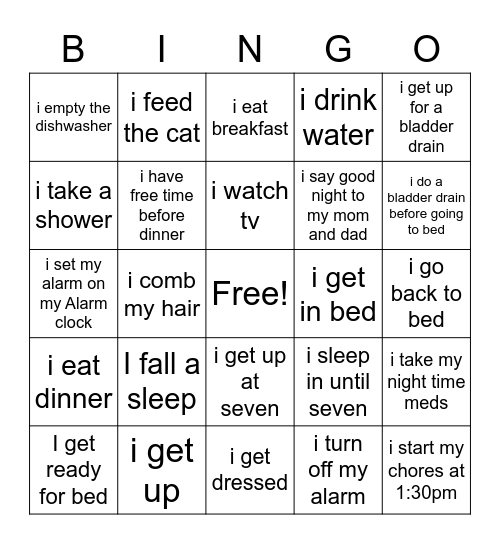 Daily routine Activities Bingo Card