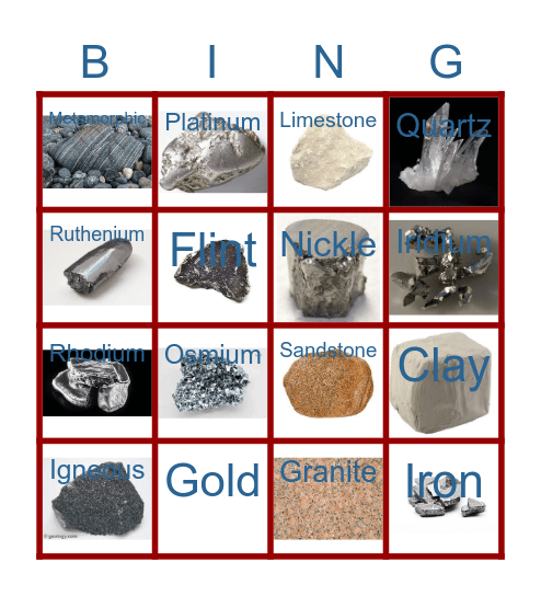 Rock and Mineral Bingo Card