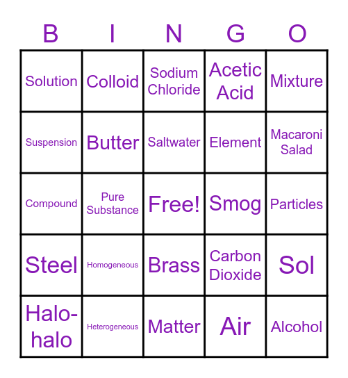 Mixtures Bingo Card