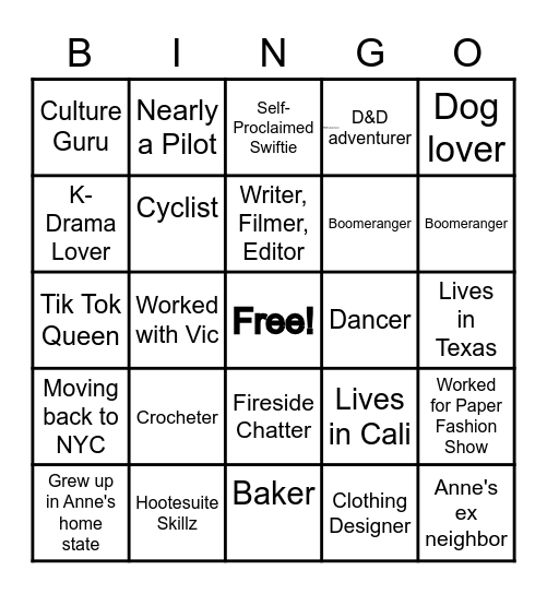 New Hire BINGO Card