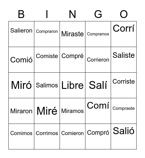 Preterite Tense Bingo Card