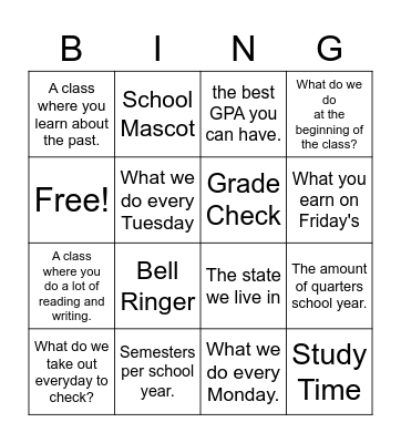 Study Skills Bingo Card