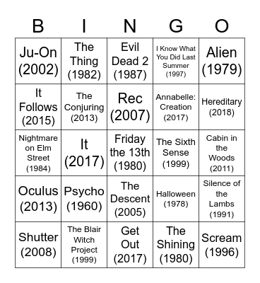 Scary Movie Bingo Card