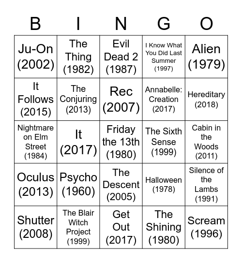 Scary Movie Bingo Card