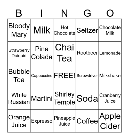 Beverage Bingo! Bingo Card