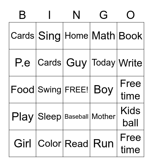 School Bingo Card