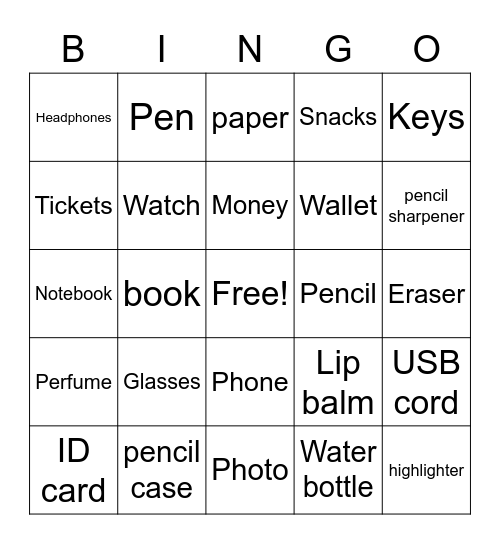 My Stuff Bingo Card