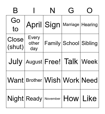 ASL ONE Bingo Card