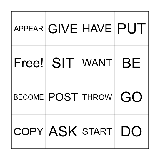 REGULAR AND IRREGULAR VERBS Bingo Card