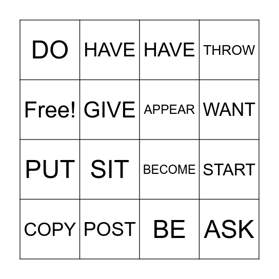 Regular and Irregular verbs Bingo Card