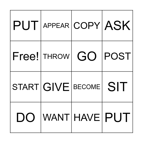 Regular and Irregular verbs Bingo Card