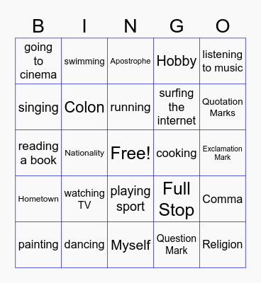 Unit 1 : about myself Bingo Card