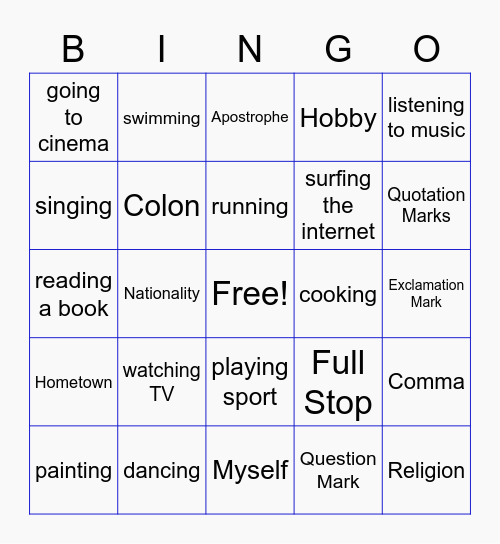 Unit 1 : about myself Bingo Card