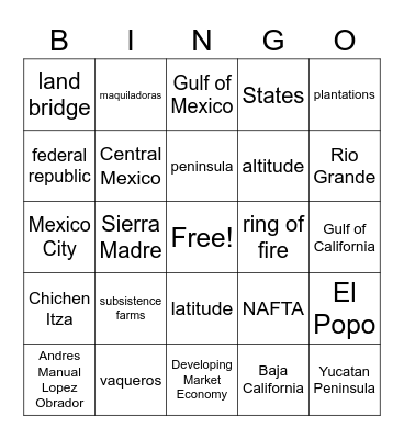 Geography: Mexico Bingo Card