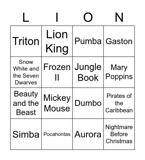 Disney Movie Trivia Bingo Card