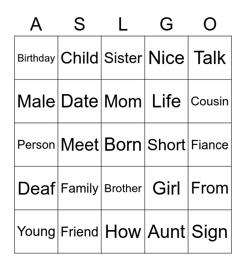 All in the Family List 1 Bingo Card
