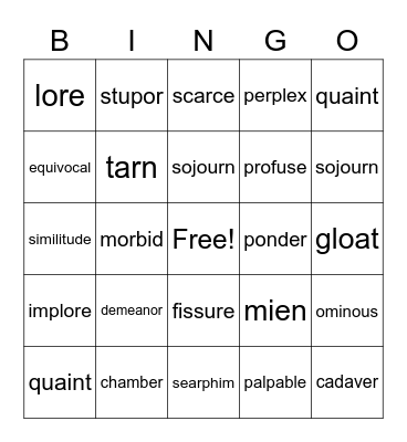 Poe Vocabulary Bingo Card