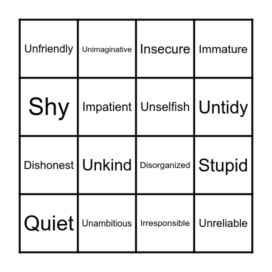 Personality Bingo Card