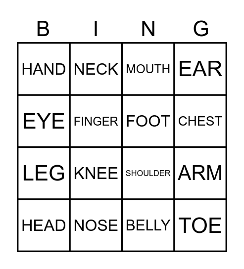 PARTS OF THE BODY Bingo Card