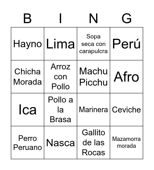 Bingo Peruano Bingo Card
