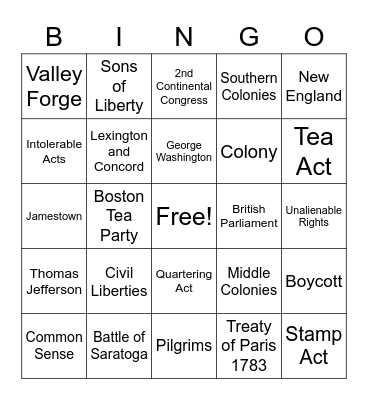 Colonial & Revolutionary Bingo Card