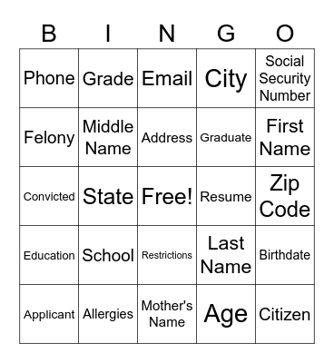 Personal Identity Bingo Card