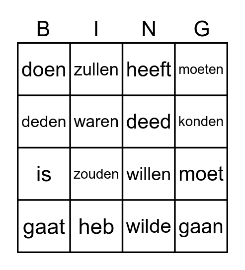 Onduidelijke werkwoorden bingo Card