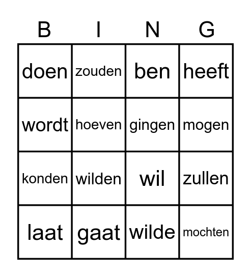 Onduidelijke werkwoorden Bingo Card