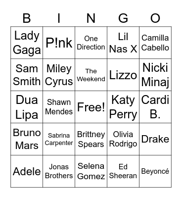 Pop Artist Bingo Card