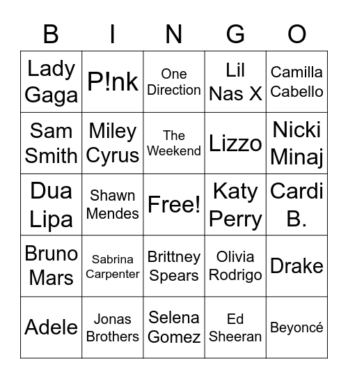 Pop Artist Bingo Card
