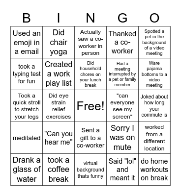 Remote Work Bingo Card