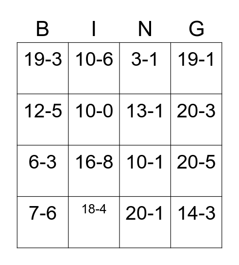 Subtraction Bingo Card