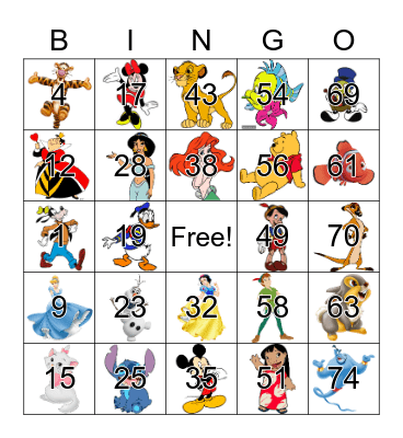 Disney Character Bingo Card