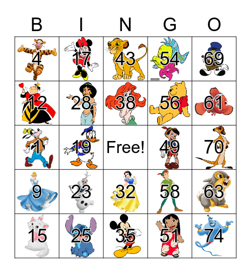 Disney Character Bingo Card