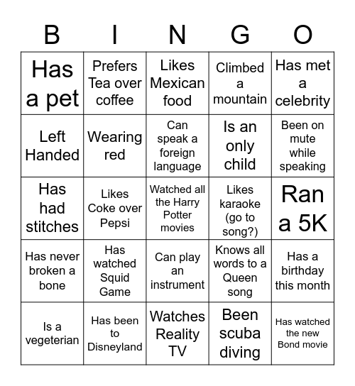 Team Building Bingo Card