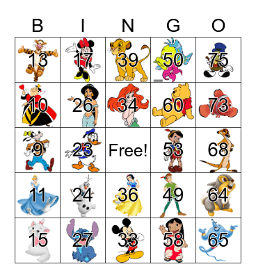 Disney Character Bingo Card